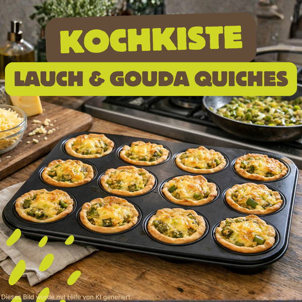 KI-generierte Beschreibung: Hauptinhalt: Lauch & Gouda Quiches auf Backblech. Text: "KOCHKISTE LAUCH & GOUDA QUICHES".