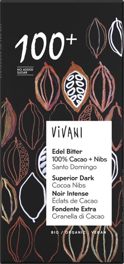 Produktfoto zu Edel Bitter 100% Kakao und Nibs Tafelschokolade 80g