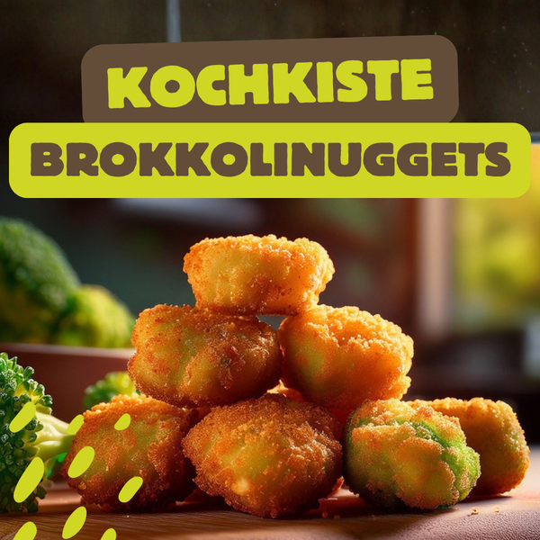 KI generiert: Ein Stapel Brokkolinuggets, darüber Text: "KOCHKISTE BROKKOLINUGGETS".