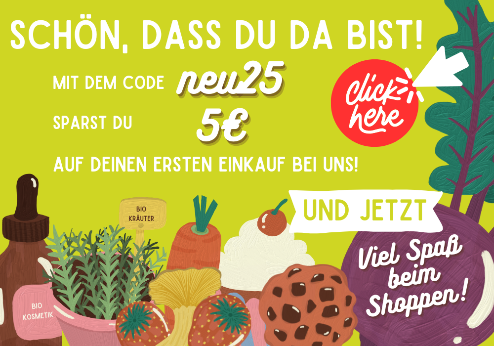 KI generiert: Das Bild ist eine Werbegrafik, die einen 5-Euro-Rabatt auf den ersten Einkauf mit dem Code "neu25" bewirbt. Der Hintergrund ist in einem fröhlichen Design mit verschiedenen Lebensmitteln und einem Aufruf zum Shoppen gestaltet.