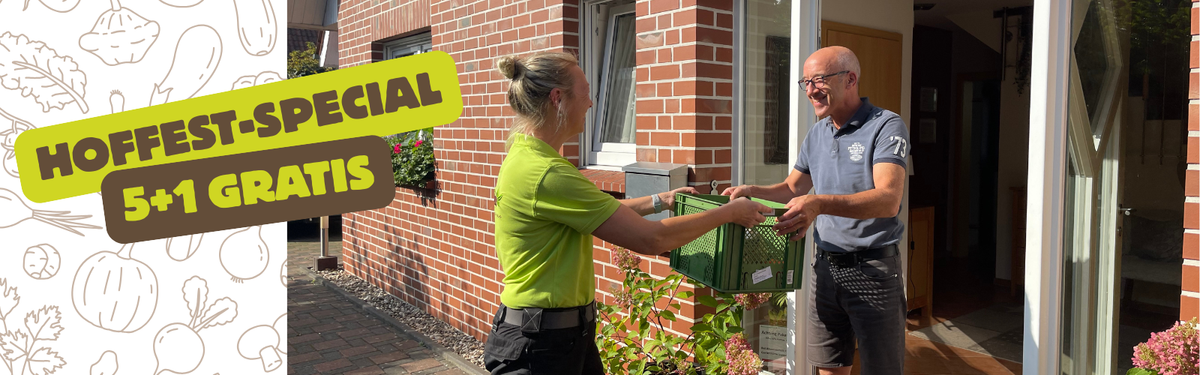 KI generiert: Eine Person überreicht einer anderen einen Korb. Text: "HOFFEST-SPECIAL 5+1 GRATIS".