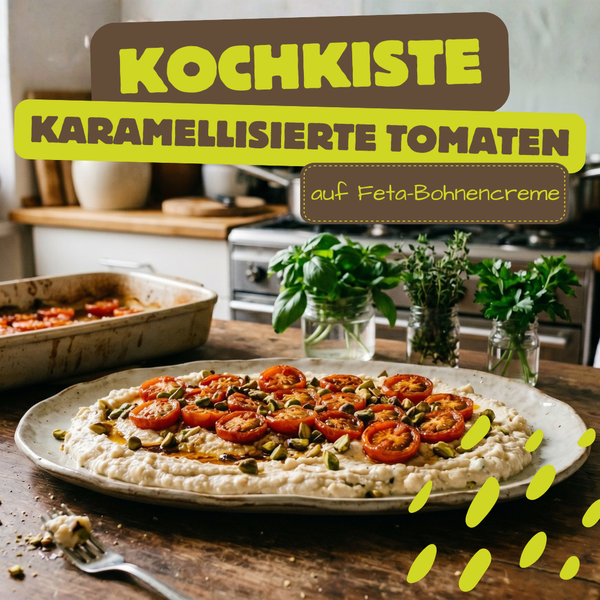 KI generiert: Kochkiste mit karamellisierten Tomaten auf Feta-Bohnencreme.