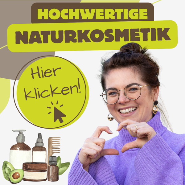 KI-generierte Beschreibung: Hauptinhalt: Frau mit Naturkosmetik-Produkten. Text: "HOCHWERTIGE NATURKOSMETIK Hier klicken!"