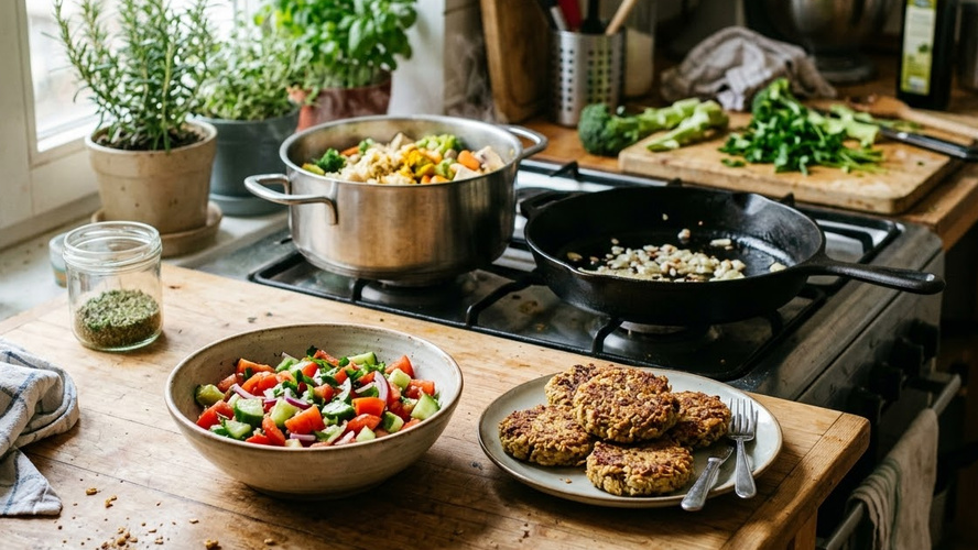 Rezeptbild für  Vegetarische Hafer-Bratlinge mit Tomaten-Gurken-Salat