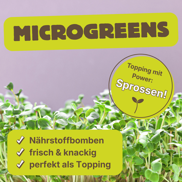 KI generiert: Microgreens: Topping mit Power. Text: „Nährstoffbomben, frisch & knackig, perfekt als Topping, Sprossen!“