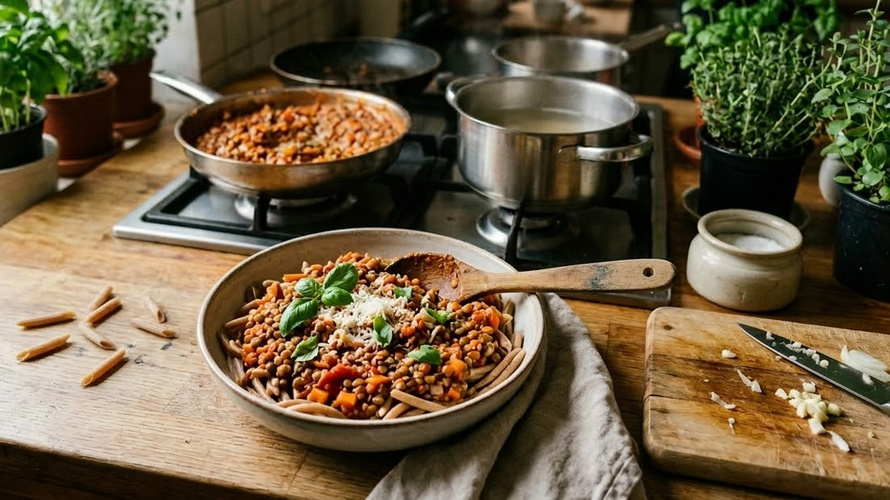 Rezeptbild für Dinkelpasta mit roter Linsenbolognese