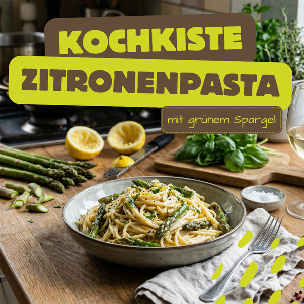 KI generiert: Eine Schüssel Zitronenpasta mit grünem Spargel, daneben Text: "Kochkiste Zitronenpasta mit grünem Spargel".