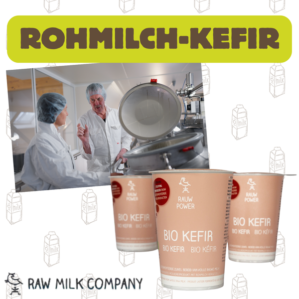 KI generiert: Text: "ROHMILCH-KEFIR", "BIO KEFIR", "RAUW POWER", "RAW MILK COMPANY".  
Inhalt: Bio-Kefirbecher und Produktionsbesichtigung.