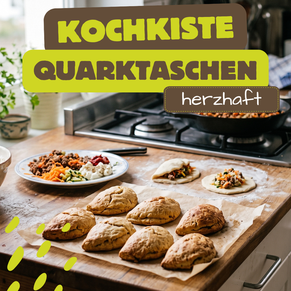 KI generiert: Schüssel mit mediterranem Kartoffelsalat. Text: "KOCHKISTE KARTOFFELSALAT mediterran".