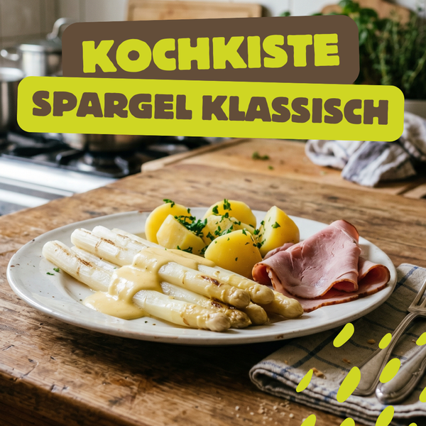 KI generiert: Ein Teller mit Spargel, Kartoffeln und Schinken. Text: "KOCHKISTE SPARGEL KLASSISCH".