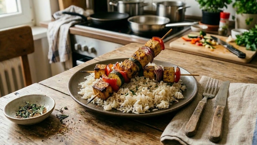 Rezeptbild für Tofu-Gemüsespieße mit Reis
