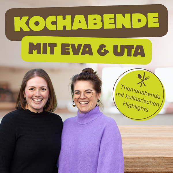 KI generiert: Zwei Frauen lächeln. Text: "Kochabende mit Eva & Uta. Themenabende mit kulinarischen Highlights."