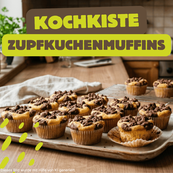 KI-generierte Beschreibung: Hauptinhalt sind selbstgemachte Zupfkuchenmuffins auf einem Tablett. Text: "KOCHKISTE ZUPFKUCHENMUFFINS".