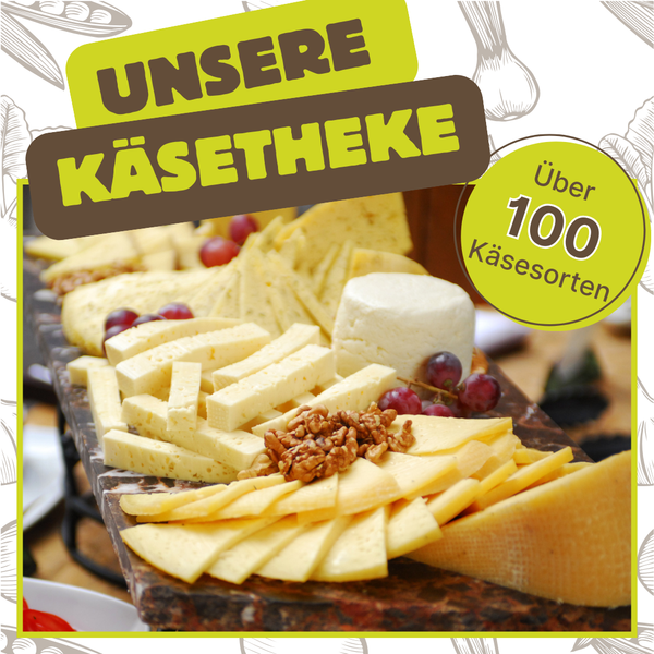 KI generiert: Eine Auswahl an Käsesorten. Text: "UNSERE KÄSETHEKE, Über 100 Käsesorten".